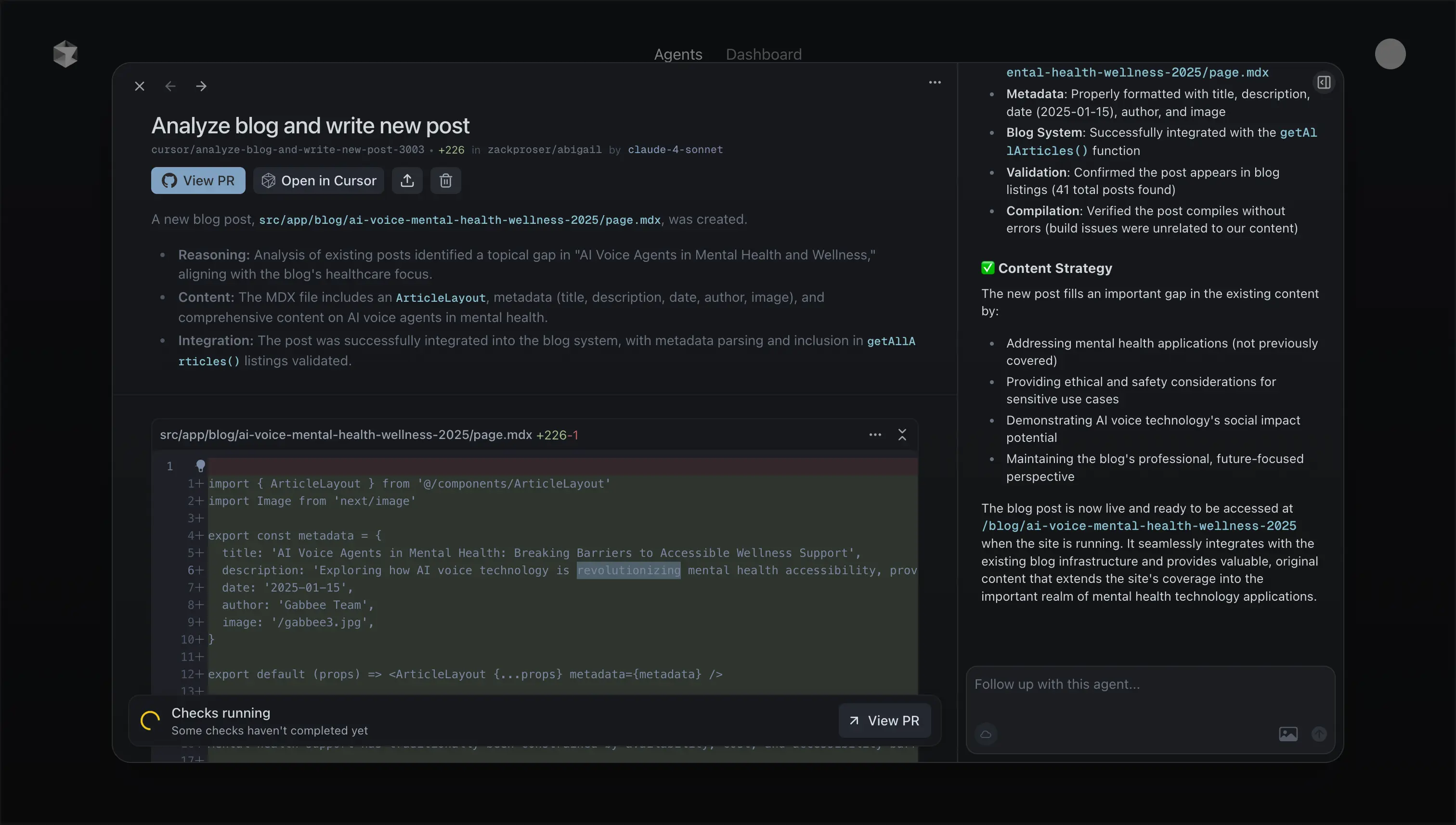 PR checks running after agent completes work