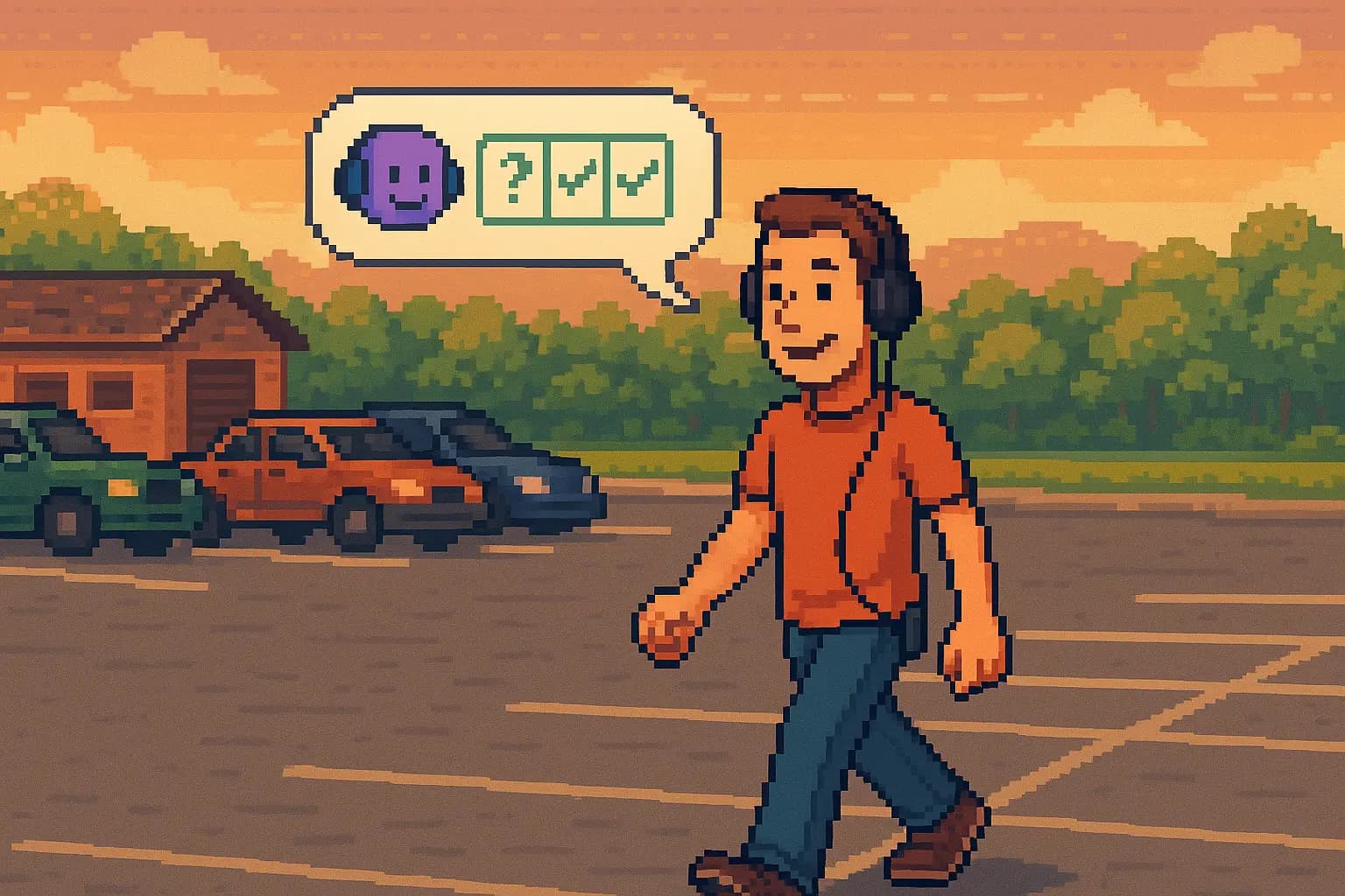 The protagonist arriving back at the parking lot after a fruitful AI conversation in the woods.