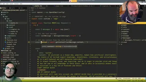 Part #2 Live code review: Pinecone Vercel starter template and Retrieval Augmented Generation (RAG).